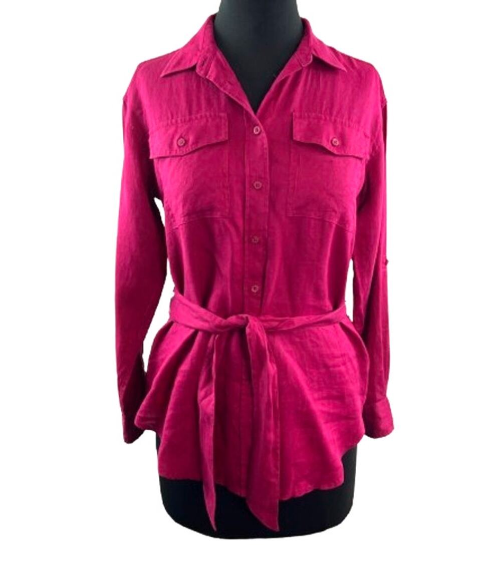 Lauren Ralph Lauren Pink Top Collared Waist Tie Roll Sleeve Button-Up Small S